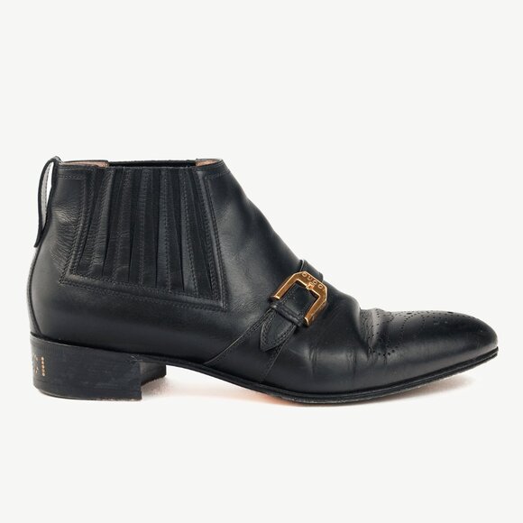 Gucci Worsh Black Leather Buckled Ankle Boots - Picture 1 of 12
